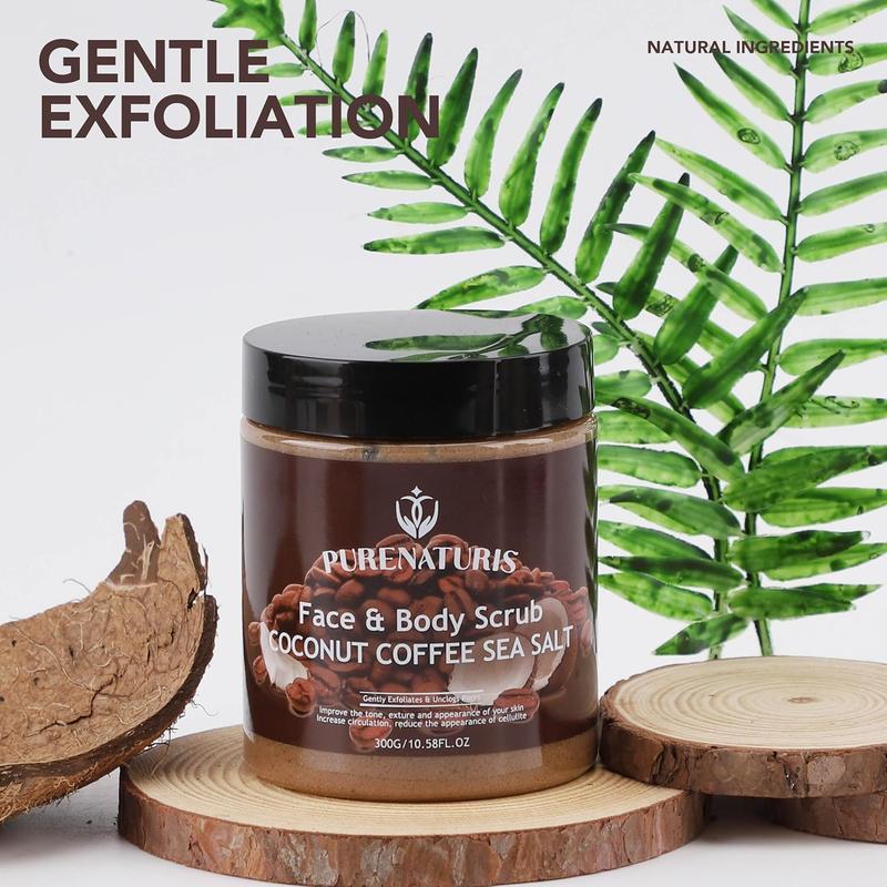 Coconut Coffee Sea Salt Scrub - Exfoliating & Moisturizing Face and Body Scrub with Natural Ingredients, Energizing and Hydrating, 10.58 Ounce