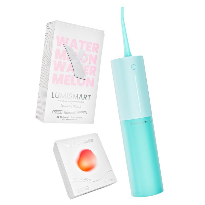 Something Nice Water Flosser Teeth Whitening Bundle with AquaClean Duo, Lumismart 10% Hydrogen Peroxide Whitening Strips, and NanoFloss