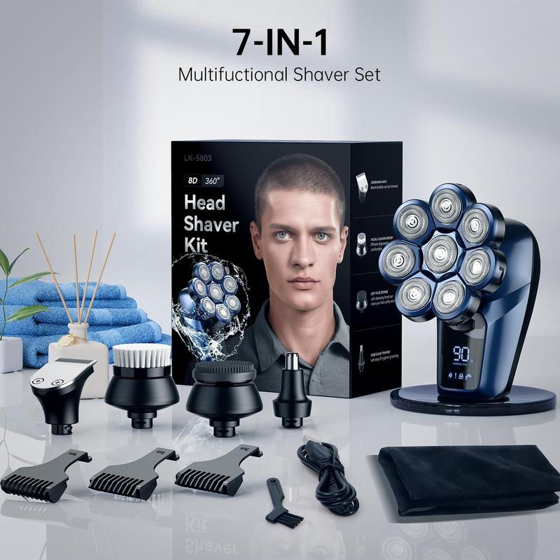 Bazivve Men's Bald Razor, 7-in-1 Electric Head Shaver Kit with 8 Rotating Heads, IPX7 Waterproof, LCD Display, Wet Dry Use for Beard, Hair, and Body