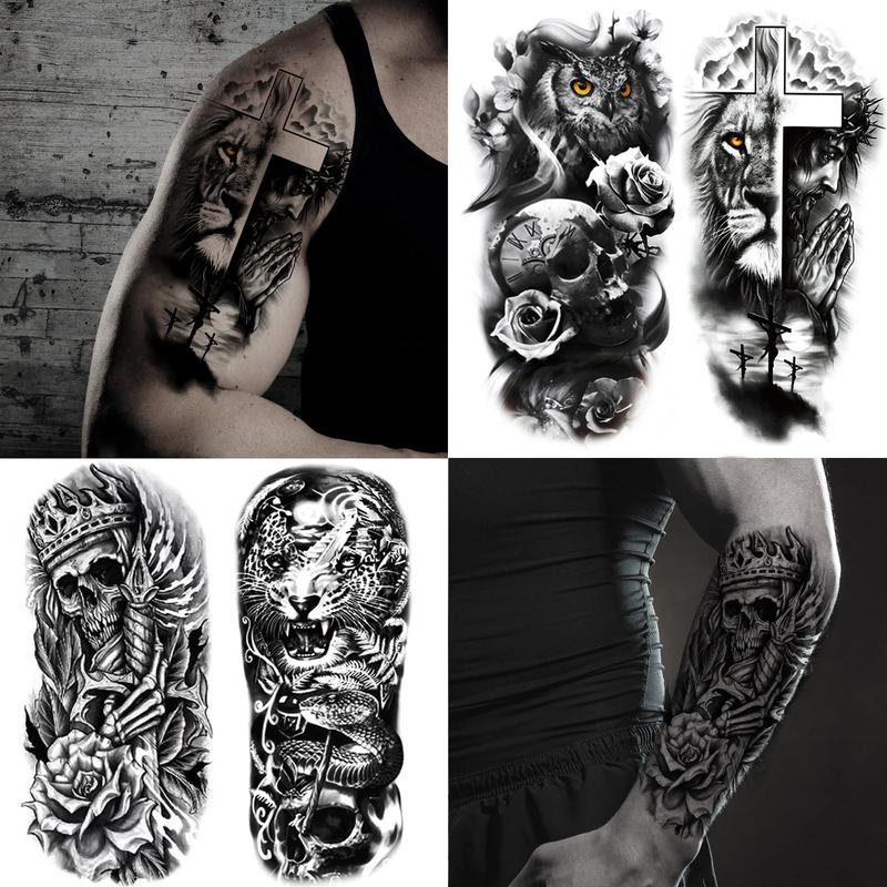 72 Sheets Temporary Tattoo for Men Women Adults, Include 12 Sheets Large Black 3D Half Sleeve Temporary Tattoos, Halloween Tattoos Scary Lion Wolf Tiger Skull Skeleton Tattoos Stickers Flower Waterproof