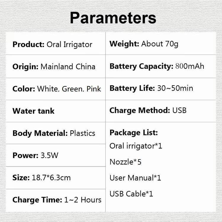 Electric Oral Irrigator, 1 Box 280ml Dental Cleaner, 3 Levels Of Intensity Adjustment, Fine Water Column, Electric Oral Flosser for Teeth