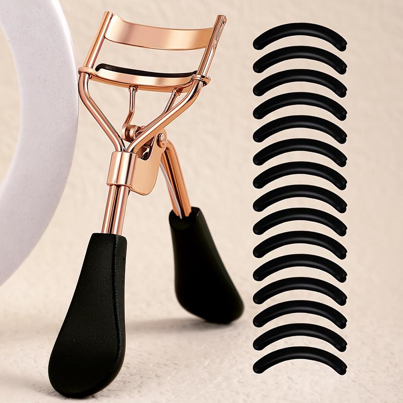 1 Portable Eyelash Curler with 15 Silicone Pads, Stainless Steel Curved Handle Eyelash Curler, Curl and Shape, No Damage to Eyelashes, Eyelash Lifting, Big Eyes, Suitable for Women's Eyelashes