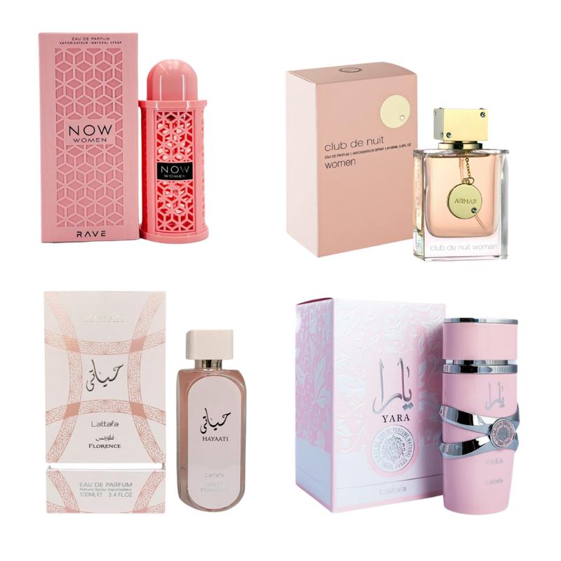 Mega Combo Armaf CDN EDP 3.6FL.OZ & Lattafa EDP Yara,  Hayaati Florence, Rave Now Pink 3.4FL.OZ For Women