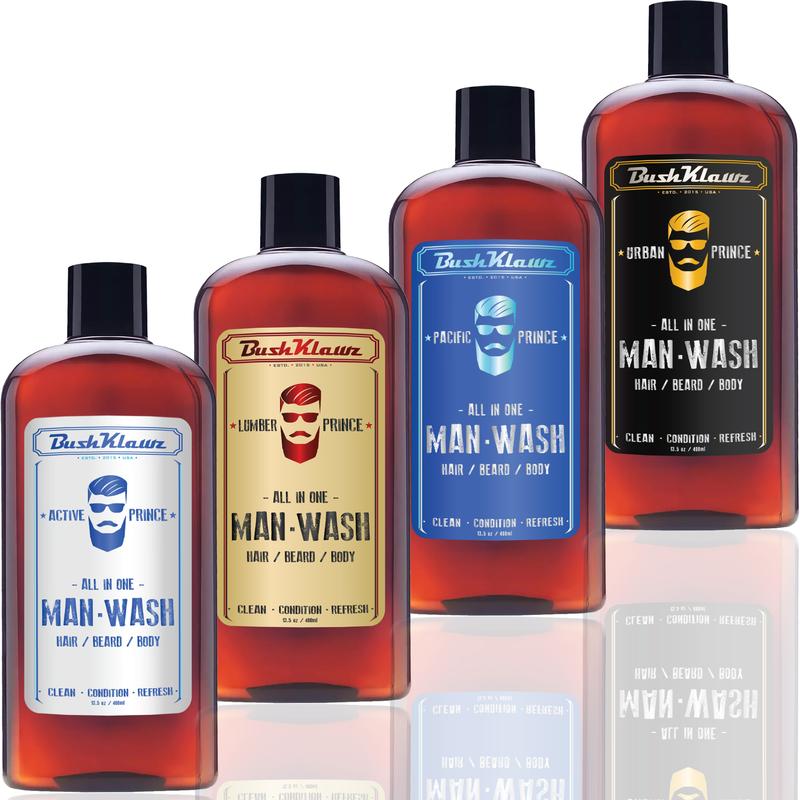 BushKlawz Man Wash All in One 3 in 1 Conditioning Hair Beard Body Wash Conditioner For All Hair and Skin Types in 4 Unique Scents Ball Wash Sensitive Area Wash Aloe Argan Blend Body Care Fragrance PH Balanced Scented Cologne Jasmine Lavender Cleanser