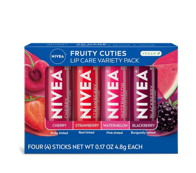 NIVEA Lip Care, Fruity Tinted Lip Balm Variety Pack, Includes Cherry, Strawberry, Blackberry and Watermelon Scents