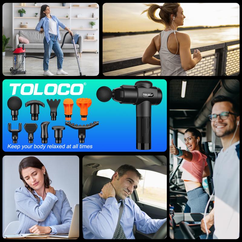 TOLOCO EM26 Massage Gun, sleek black design for deep tissue relief, features 10 massage heads and a silent motor  Comfort and perfect gift for anyone.