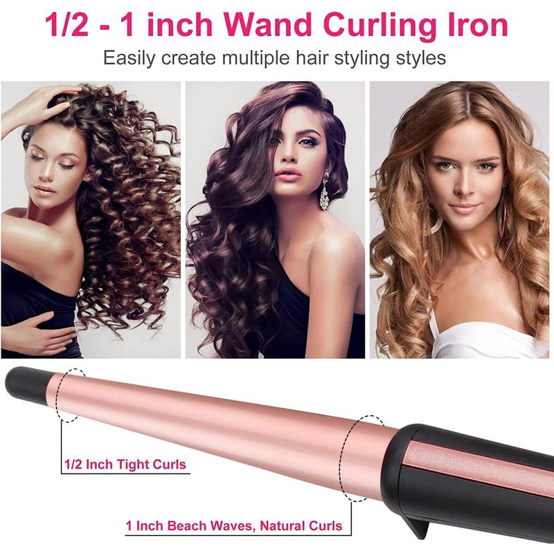 Hair Curling Wand, 0.5-1Inch Tapered Curling Iron, Professional Ceramic Hair Curler Wand with Heat-Resistant Glove, Dual Voltage (Pink)