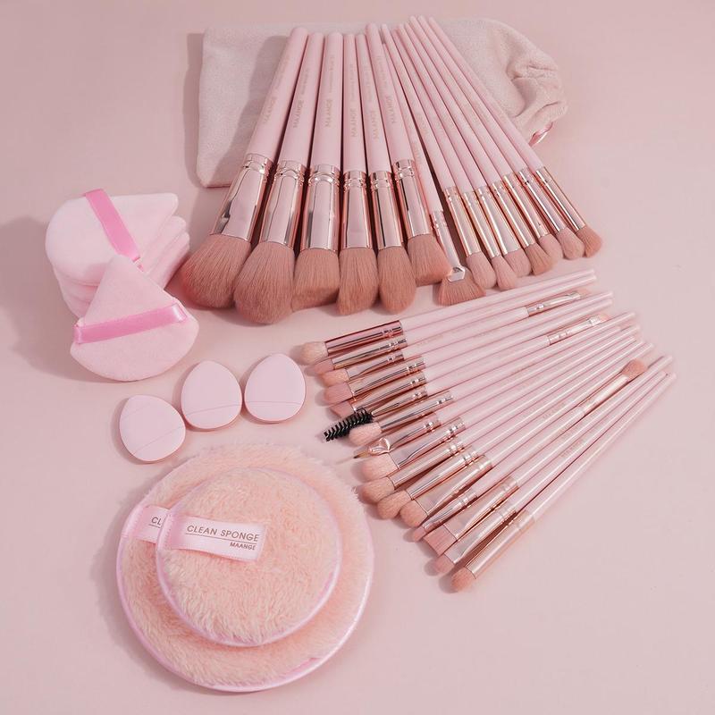 Summer Cosmetic Tool Kit,1 Set Including 30pcs Makeup Brushes, 1 Large Puff, 1 Small Puff, 5 Cushion Powder Puff, 3 Mini Finger Cushion Puff Flawless Makeup Tools