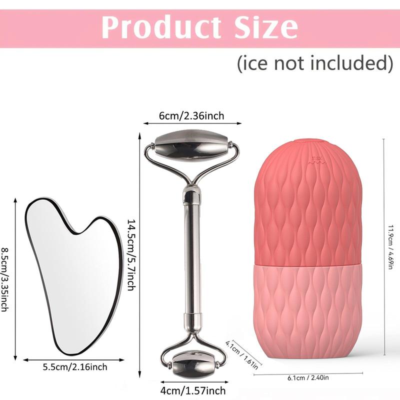 Ice Face Roller & Gua Sha & Ice Holder Set, 3 Counts set Reusable Silicone Ice Facial Roller, Face Ice Mold Cube, Skin Care Beauty Set, Christmas Gift