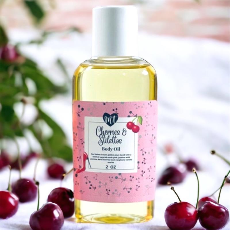 Cherries and Stilettos body oil, moisturizer, moisturizer, cherry,  perfume, vegan, perfume, cruelty free, gifts for her Hydrating Body Care Moisturizing Silky Moisture Fragrance Scent Smooth