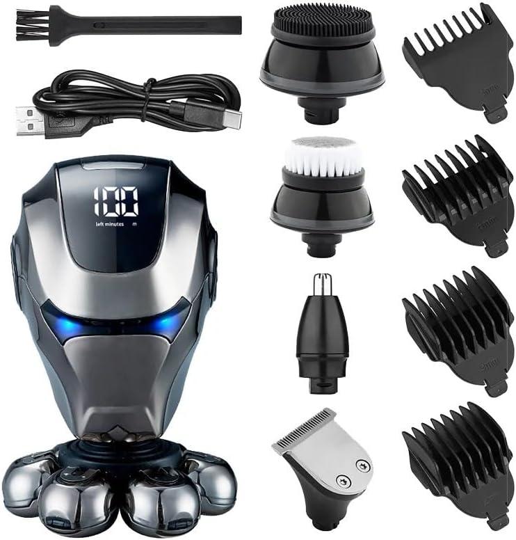 7D Electric Head Shaver for Bald Men, Upgrade 9-in-1 Floating Head Shaver with Nose Hair, Sideburns Trimmer, Face Brush, Waterproof Wet Dry, 7D Rotary Shaver with Type-C Charger and LED Display