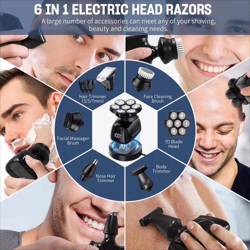 SEJOY 6-in-1 Multifunctional  7D Head Shavers for Bald Men Electric Razor with Nose Hair Trimmer Waterproof Mens Grooming Kit Stainless Steel