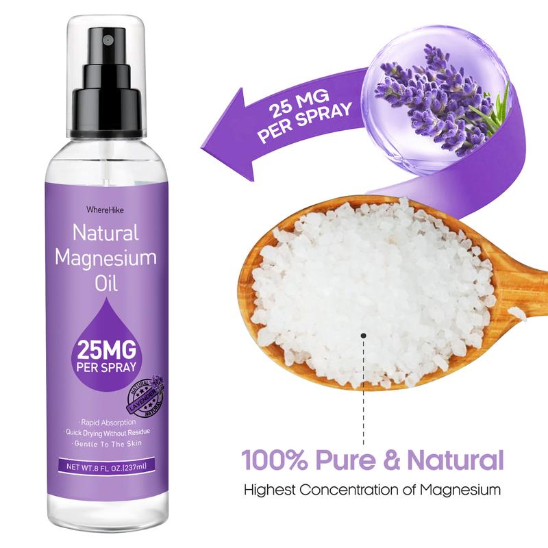 Pure Magnesium Oil Spray 8oz Size(25mg Magnesium Per Spray)-Rapidly Absorption,Quick Drying Without Residue,Gentle to The Skin-Lavender