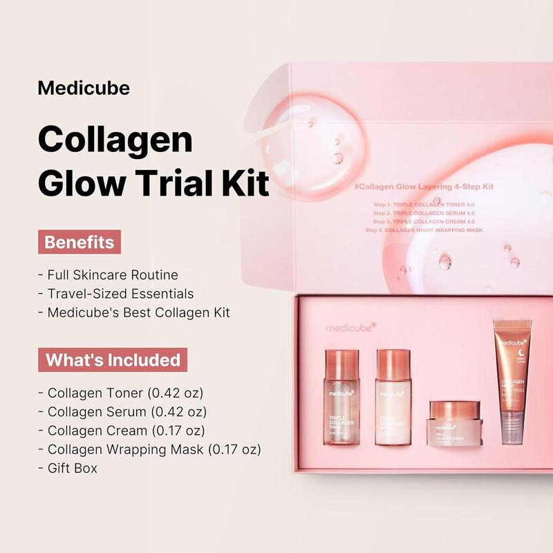 Medicube Glass Skin Glow Collagen Trial Kit | 4 Step with Facial Toner, Serum, Cream & Peel Off Mask | Achieve Glassy Glow & Firm Skin | Korean Skin Care