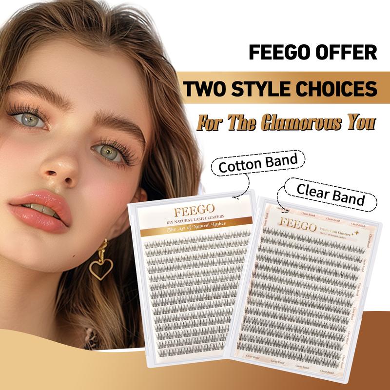 FEEGO Natural Lash Clear Band Cotton Band Clusters DIY 168 Pcs C Curl 9-12mm Eyelashes Extensions Wispy Individual Cluster Lashes Extension