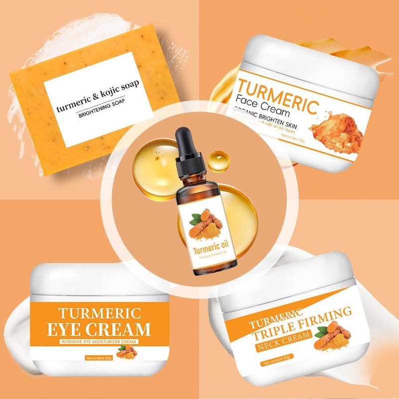 Turmeric Skin Care Kit, 5 Counts set Including Turmeric Face Cream, Eye Cream, Neck Cream, Serum & Soap, Moisturizing Skin Care Kit for All Skin Types