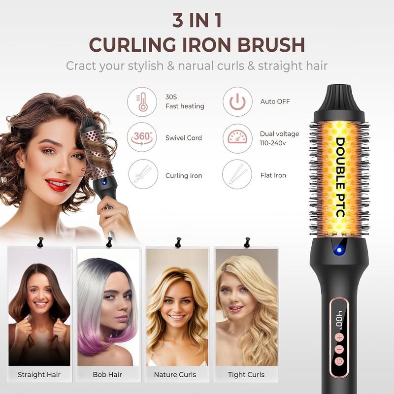 Thermal Brush 1.5'', Upgrade to 400 °F Curling Iron Curling Brush, 9 Temps Heated Round Brush Thermal Round Brush with LCD Display, 2 PTC Ceramic Tourmaline Ionic Hair Curler Hair Styling Tools