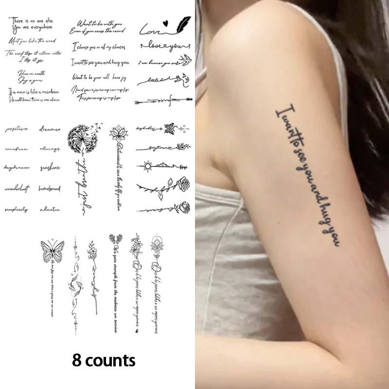 Flower & Letter Pattern Temporary Tattoo Sticker, 8 Counts set Waterproof Fake Tattoo Sticker, Body Art Fake Tattoos, Party Decoration, Hand Tattoos Men, Tattoos for Women