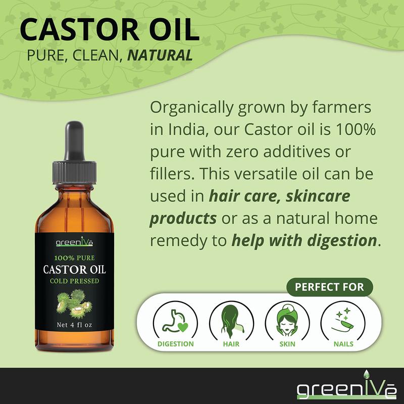 GreenIVe - 100% Pure Castor Oil - Cold Pressed - Hexane Free - Exclusively on  (4 Fl Oz (Pack of 1))