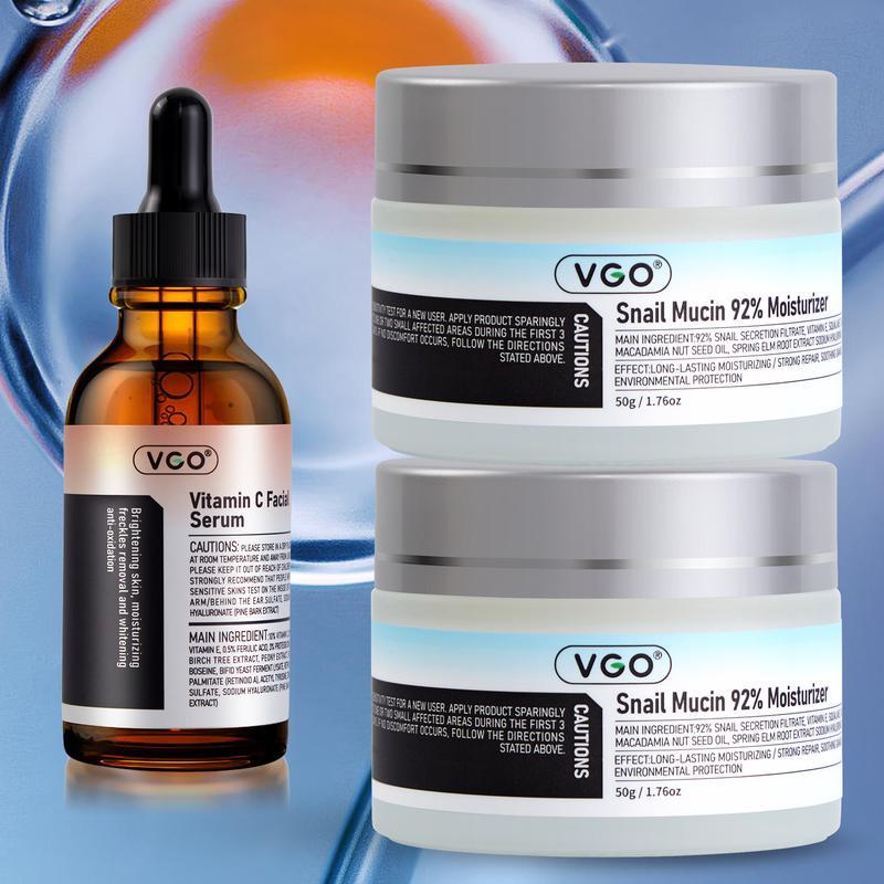 VGO Vitamin C Facial Serum Essence+VGO Snail Mucin 92% Essence Hydrating Cream  with Comfort and Skin Repair  30ml 60ml Skincare  Hydrate snail mucin skincare  and moisturize Reduces Facial Fine Lines snail 92 Moisturizer  baba de caracol