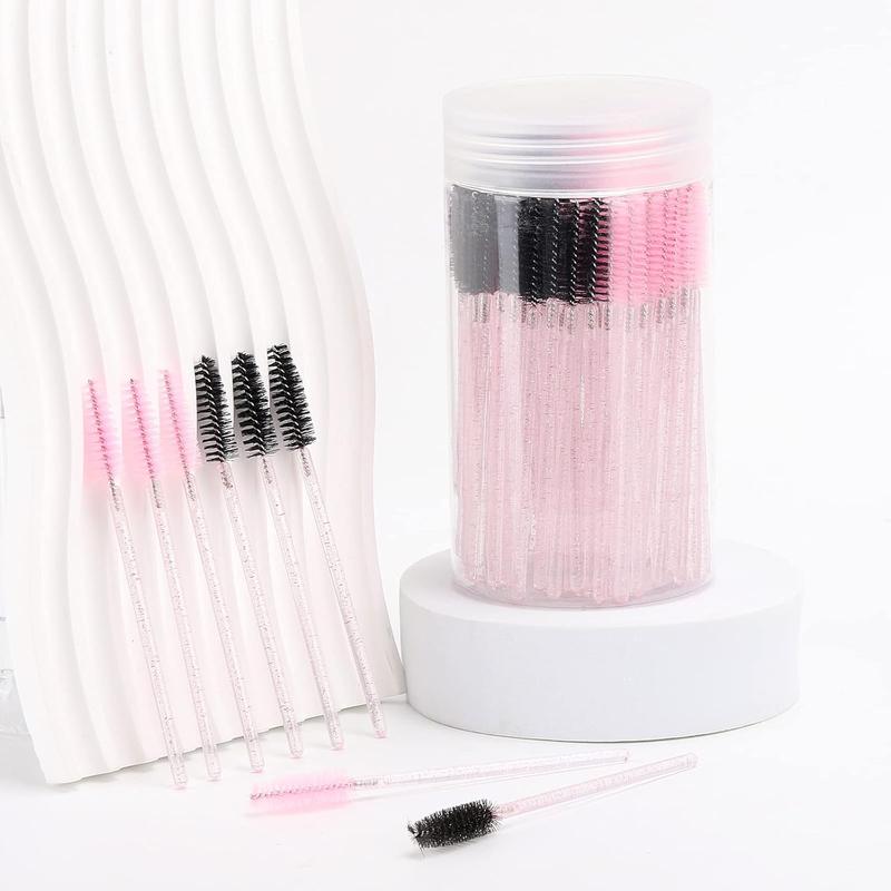 100 Pcs Disposable Spoolie Wands for Eyelash Extensions, Crystal Eyebrow Brushes with Container, Pink and Black Lash Brushes