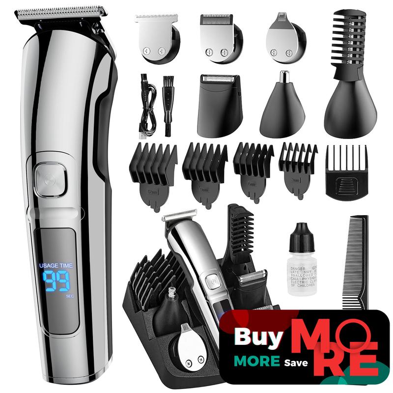 Men's Electric Shaver, 11 in 1 Grooming Kit and Hair Clippers, Nose, Body and Face, Stainless Razor with Stand, Rechargeable Portable Washable Trimmer