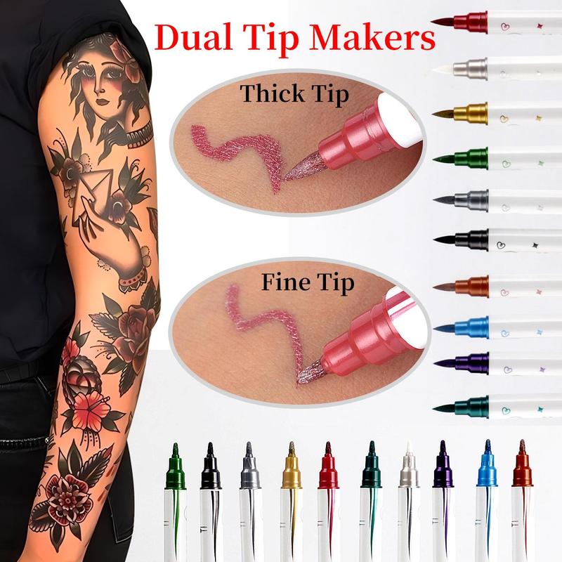 Body Face Art Tattooing Marker Pen Kit, 10pcs Temporary Tattoo Marker Pen & 6 Sheets Tattoo Stencils, Body Makeup Tool for Women & Men