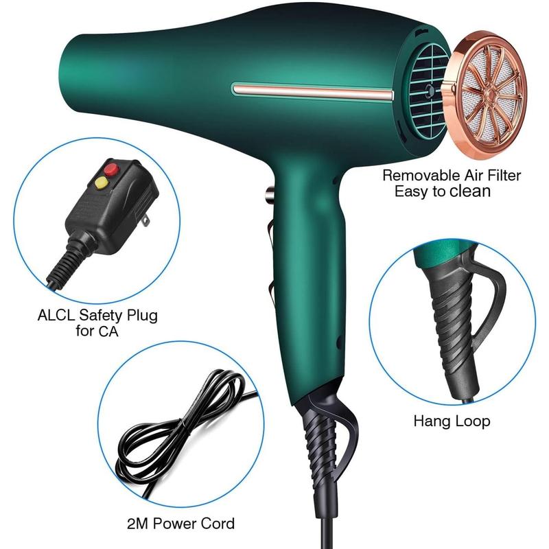 Pro Ionic Salon Hair Dryer, Blow Dryer, 2000 Watt with AC ,Quick Drying Hairdryers Diffuser Fast Dryer Lightweight  Soft Touch  -Green &