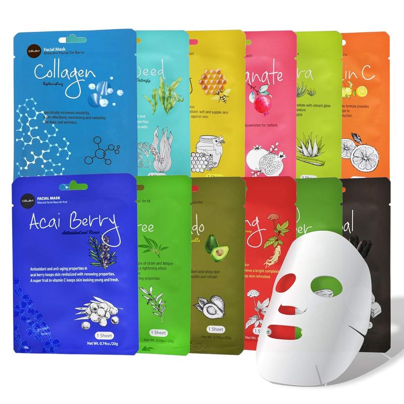 12-Packs Facial Sheet Face Mask Variety Set Classic Authentic Moisturizing Skincare Hydrate Aloe Vera Comfort Skin Repair Hydrating Moisturizer