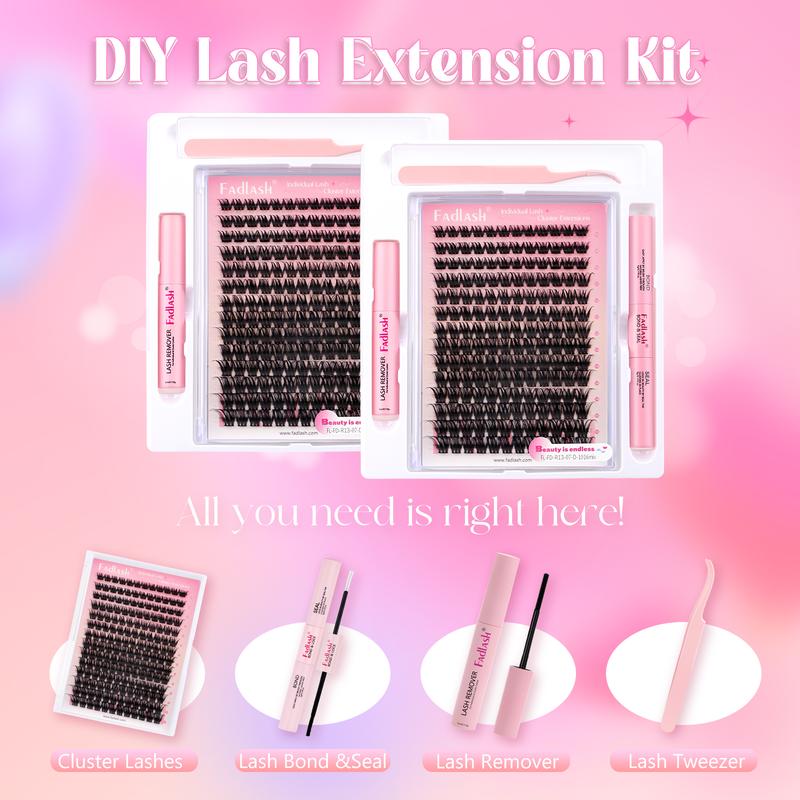 FADLASH DIY Lash Extensions Kit Waterproof Individual Lash Clusters for DIY Eyelashes at Home Cosmetic Makeup Remover