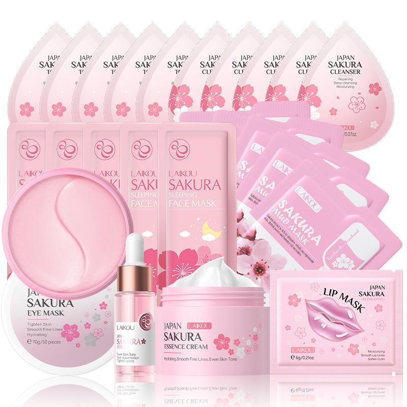 Sakura Skin Care Kit (1 Set), Facial Skin Care Kit, Including Eye Mask, Serum, Cream, Lip Mask, Sleeping Mask, Cleanser, Toner, Skin Care Kit for Women