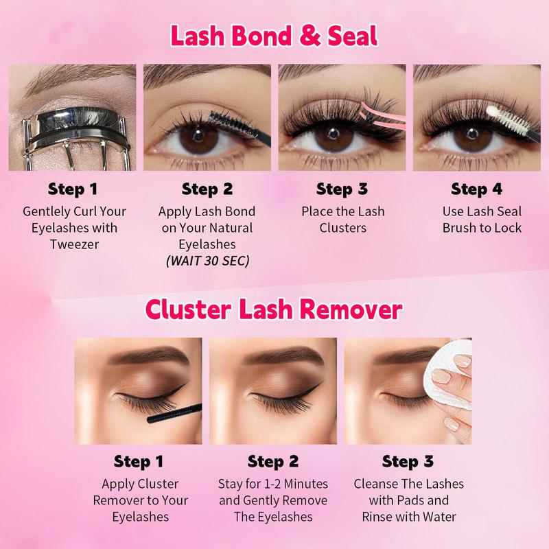 Mixed Length D Curl Cluster False Eyelashes with Lash Bond & Seal & Remover & Tweezers, 1 Box DIY Eyelash Extension Kit, Summer Makeup, Christmas Gift