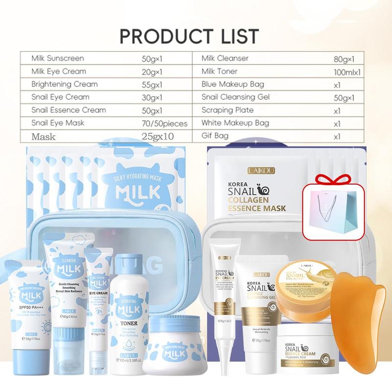 Milk & Snail    Collagen Skincare Gift Set, 1 Set Facial Cleanser & Sunscreen & Toner & Eye Cream & Face Mask & Makeup Bag & Scraper, Skin Care Kit for Women