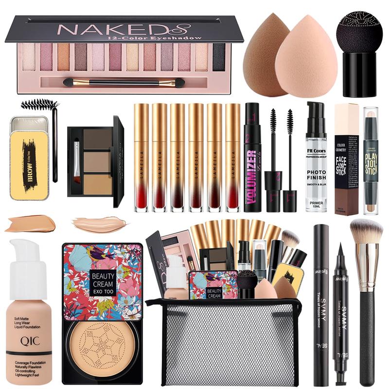 All in One makeup kit, includes Naked eyeshadow, liquid foundation, CC Cream, lipstick set, mascara, makeup brush, makeup sponge, eyebrow powder, eyebrow soap, eyeliner stamp, primer, contour stick, cosmetic bag changzu