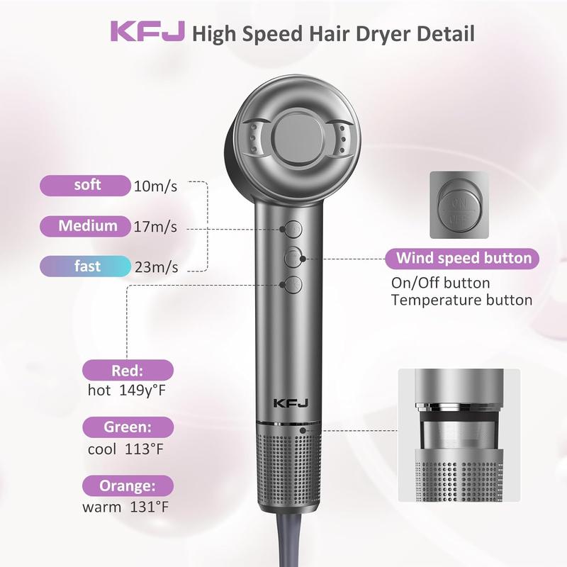 KFJ High-speed Hair Dryer ,2 in 1 Hair Dryer Brush, Hair Styling Tool for Women, Professional Hair Styling Tools for Home & Salon Use,110000 RPM Brushless Motor for Fast Drying, 1400W Low Noise Thermo-Control Hair Dryer with Magnetic Nozzle