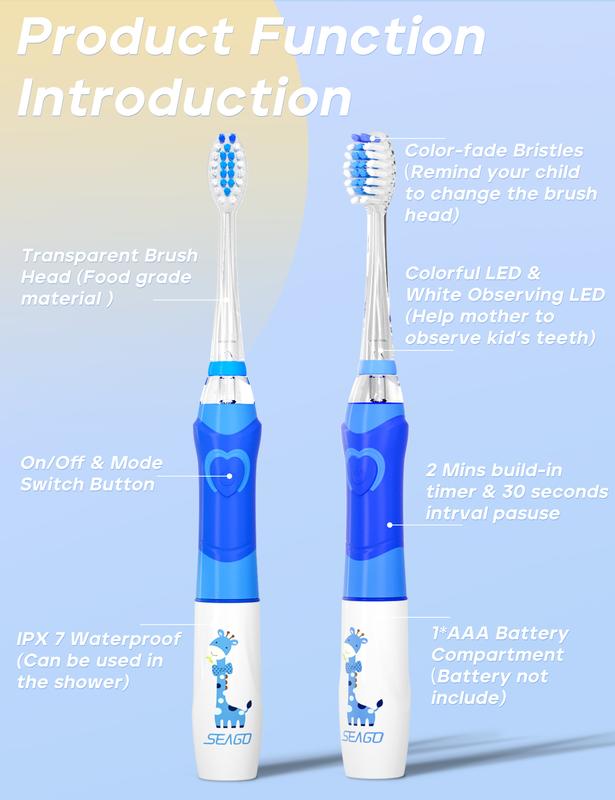 Seago Electric Toothbrushes  for Kids Childrens Battery Toothbrush with Timer Colorful Flashing Light 4 Brush Heads for Childs