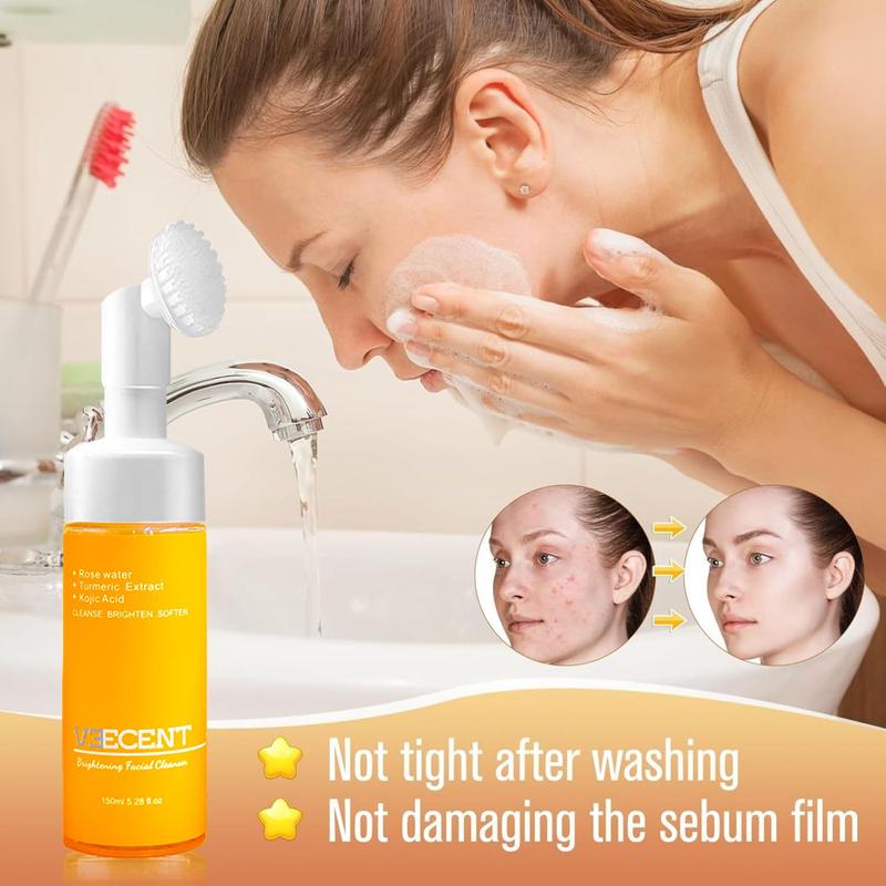 Veecent 150ml Turmeric + Kojic Acid Foaming Facial Cleanser + Silicone Brush for Hydrating and Cleansing