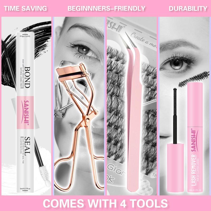 Eyelash Extension Kit, 1 Set Including 5 Boxes Cluster Lashes & Eyelash Bond & Tweezers & Eyelash Remover & Eyelash Curler, Suitable for Home & Travel