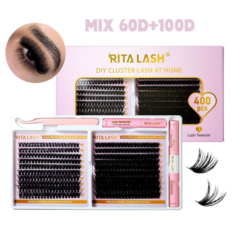 Mixed Length D Curl Cluster False Eyelashes with Lash Bond & Seal & Remover & Tweezers, 1 Box DIY Eyelash Extension Kit, Summer Makeup, Christmas Gift