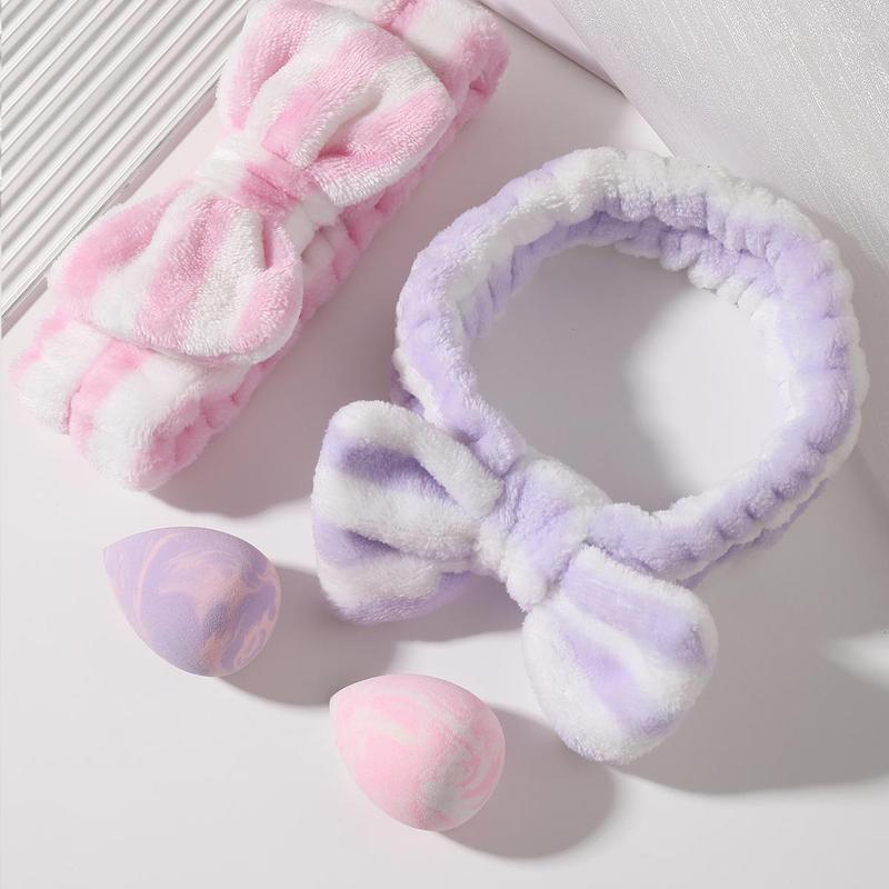 2pcs Mixed Color Soft Makeup Sponges & 2pcs Fluffy Bowknot Decor Headbands, Fashion Makeup Tools For Women & Girls