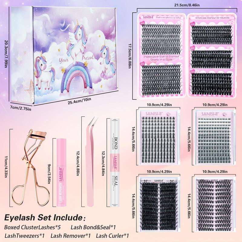 Eyelash Extension Kit, 1 Set Including 5 Boxes Cluster Lashes & Eyelash Bond & Tweezers & Eyelash Remover & Eyelash Curler, Suitable for Home & Travel