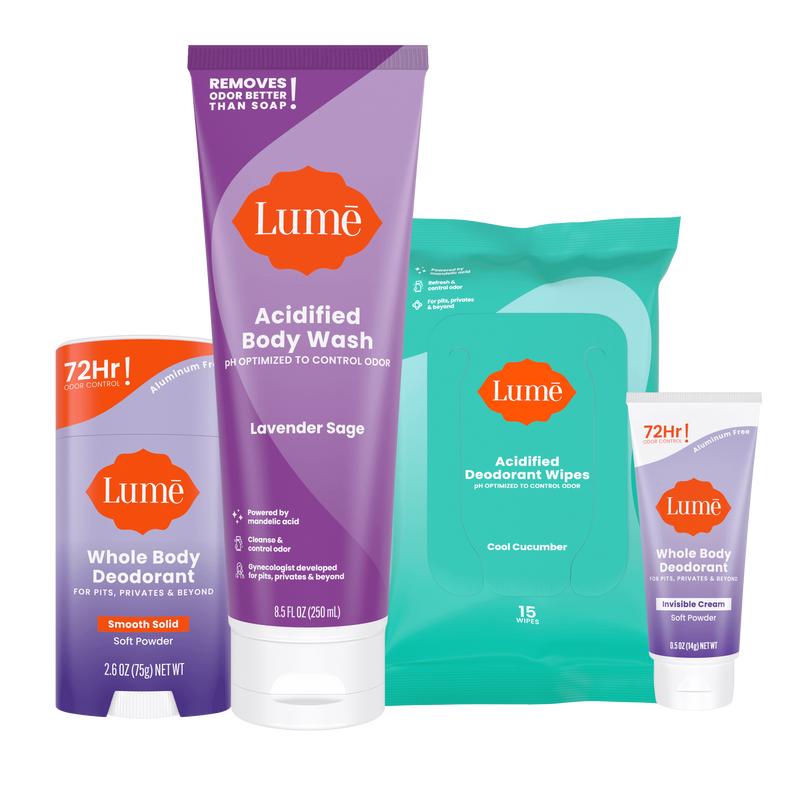 Lume Just Take A Shower Bundle: Solid Stick Deodorant, Body Wash, Wipes, Mini Cream Deodorant. Body Care Pack