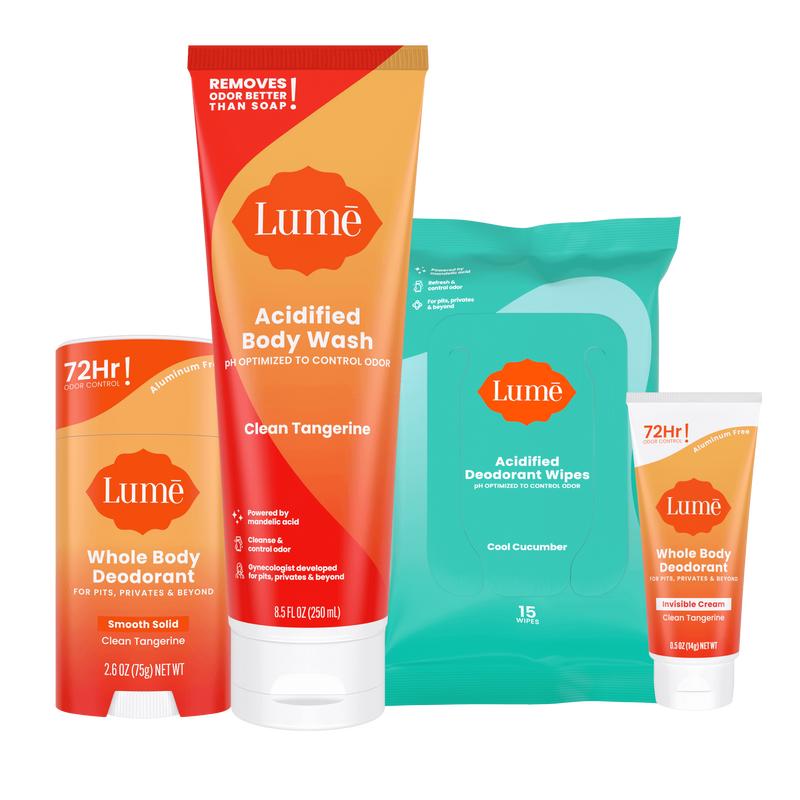 Lume Just Take A Shower Bundle: Solid Stick Deodorant, Body Wash, Wipes, Mini Cream Deodorant. Body Care Pack