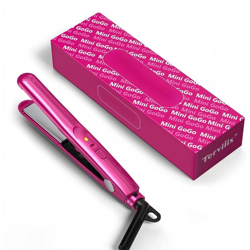 Mini Flat Iron for Travel, 1 2'' Small Hair Straightener for Short Hair Bangs, 0.5'' Portable Ceramic Straightening Irons, Dual Voltage, Pouch Included, Compact Size, Pink