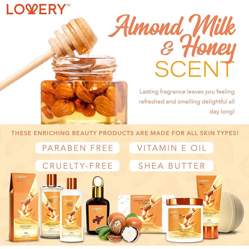 Almond Milk & Honey Home Spa Gift Set - 9Pc Bath and Body Kit Body Care Cleansing