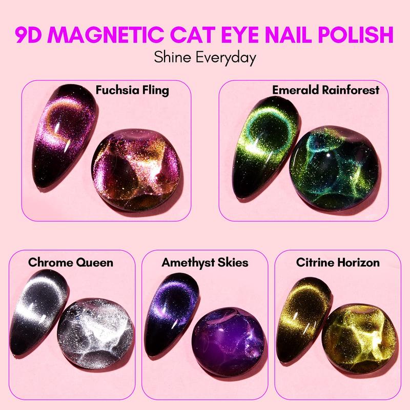 Makartt 9D Magnetic Cat Eye Gel Polish Set - 6 Colors (Yellow, Purple, Silver, Rose Red, Green, Black Hole) with Magnet Stick, 8ml Nail Nail Art