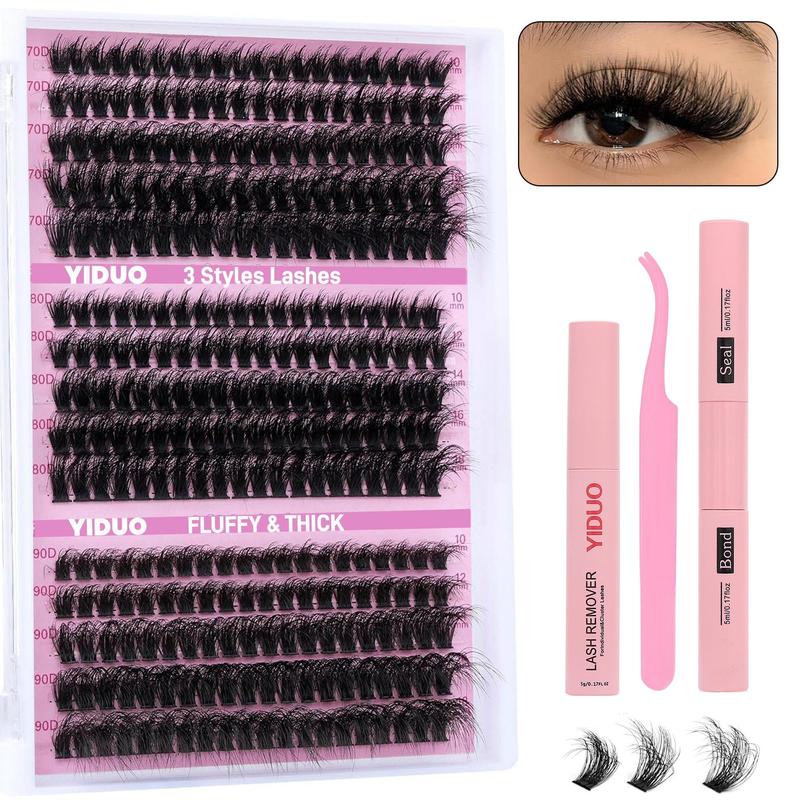 D Curl Mixed Size Individual Lash Kit with Eyelash Bond & Seal Glue & Lash Remover & Portable Lash Tweezers Lash Extension Kit, 1 Set Natural Look Eyelash Extensions, Lashes Clusters Kit Eyelash Clusters for Women, Christmas, Christmas Gift