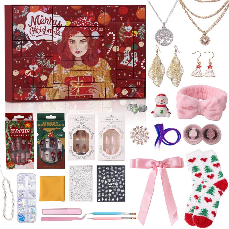 [Cyber Monday] Advent Calendar 2024-2025, 24 Pieces Beauty Fashion makeup and Jewelry Countdown Gifts Holiday,  Surprise Gift Set Christmas Decor Christmas Gifts for Women,for Christmas Deals surprises nail art false eyelashes necklaces earrings Cosmetic