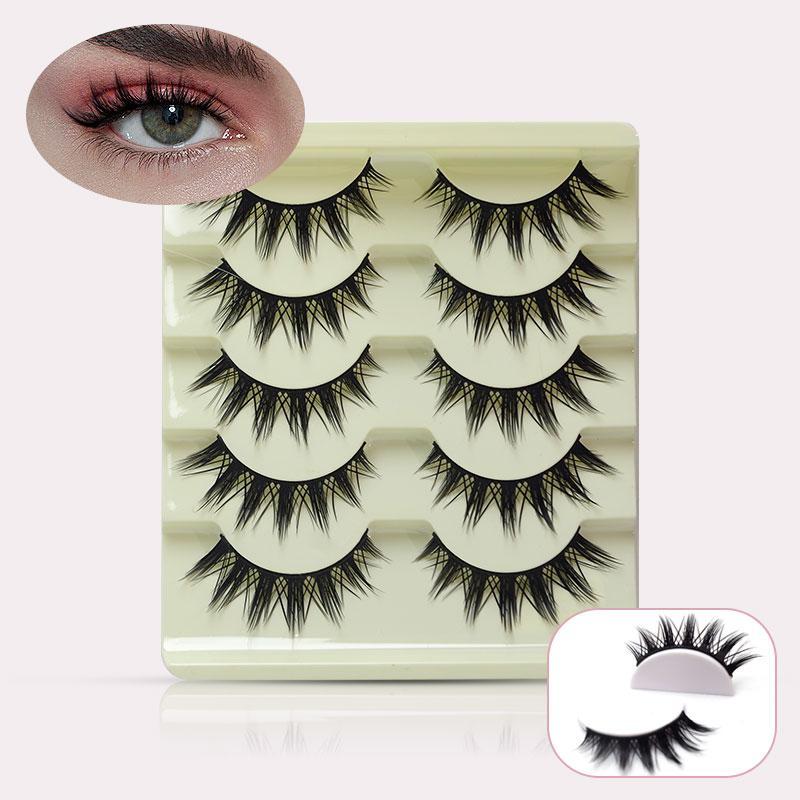 Natural False Eyelashes, 5 Pairs Wispy Cat Eye Faux Cluster Lashes, Volumized False Eyelashes for Women and Girls Eye Makeup Enhancement