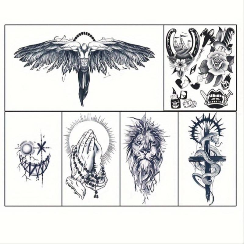 Angel & Lion & Cross & Flower Pattern Temporary Tattoo Sticker, 6 Counts set Waterproof Long Lasting Fake Tattoo Sticker for Christmas Gift, Body Art Sticker for Adults